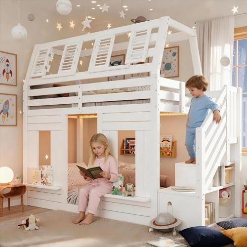 LANTRO JS Hochbett 90x200 cm, Stockbett für 2 Kinder mit Stauraum Treppe und LED Beleuchtung, Etagenbett mit Rausfallschutz und Fenster Design, Hausbett für 2 Kinder, ohne Matratze, Weiß