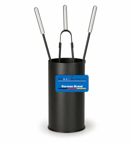 MS Beschläge Kaminbesteck 4-teilig schwarz pulverbeschichtet - Stahl Ofenbesteck mit Behälter & Edelstahlgriffen - Kamingarnitur modern Kamin Zubehör mit Zange Schaufel Besen - Kaminofen-Set elegant