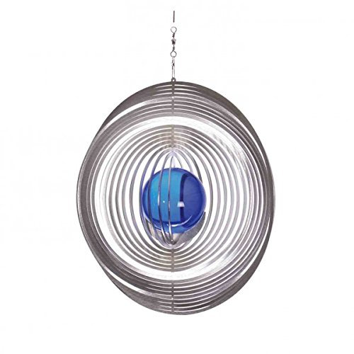 Illumino Edelstahl-Windspiel Kreis mit kobaltblauer 50mm Glaskugel