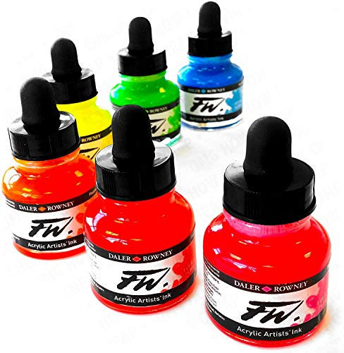 Daler Rowney - FW Artists Series – Flüssige Acryltinte – Packung mit 6 Neonfarben – 29,5 ml