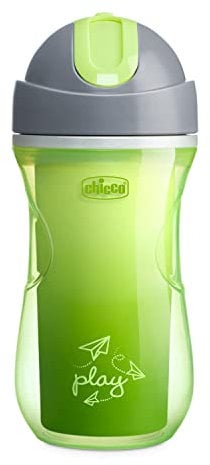 Chicco Sport Cup Borraccia Con Cannuccia per Bambini, Tazza Biberon per Imparare a Bere, Antigoccia, Bottiglia Termica con Cannuccia in Silicone Flessibile Resistente ai Morsi, Verde, 14 Mesi+