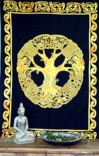 GURU SHOP Boho-Style Wandbehang, Indische Tagesdecke - Tree of Life/Goldgelb, Baumwolle, 190x140x0 cm