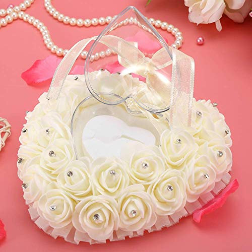 PE Ringkissen Weiße Ringkissen Herzförmiges Kompaktes Design, Romantische Herzförmige Ehering Box Rose Decor Ringkissen Kissen für Ring Case Ring Bearer(Beige)