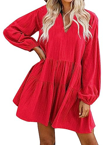 FANCYINN Women's Ruffle Bell Sleeve Shift Dress Babydoll Linen Casual Mini Dress with Pockets