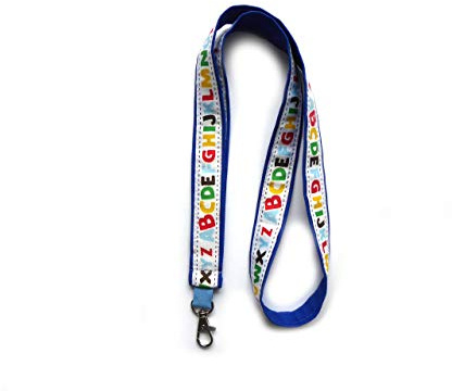 langes Schlüsselband Schulanfang in blau und bunt mit Alphabet aus Baumwollstoff und Webband