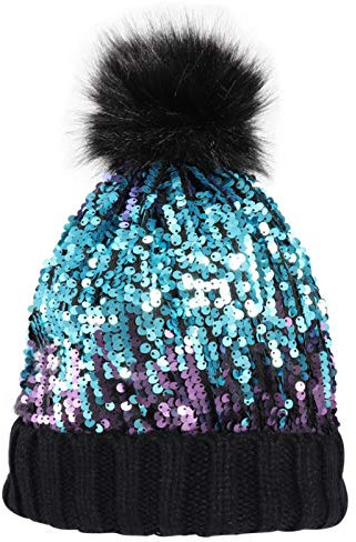 Homiton Damen Pailletten-Strickmütze mit Kunstfell-Pom-Pom-Pom Glänzend Bling Skull Cap - Schwarz - Medium