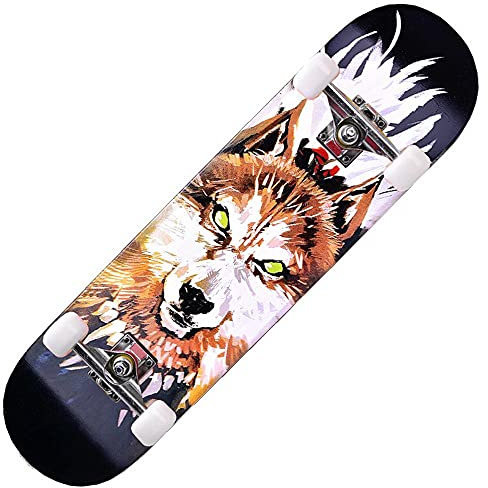 Skateboard Wolf Komplettboard 31 x 8 Zoll Kinder und Erwachsene Kugellager Cruiser aus Ahornholz für Anfänger Jugendliche