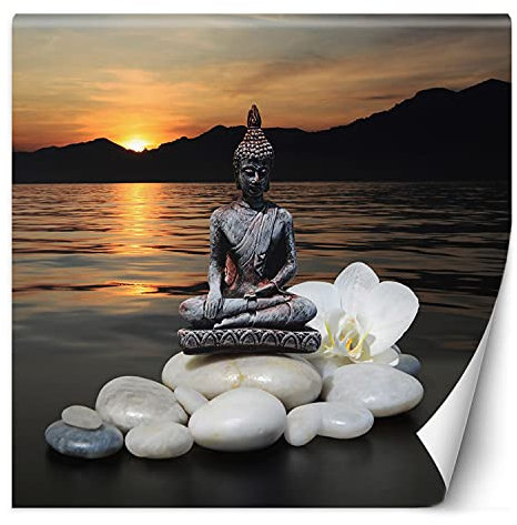 Feeby Papier Peint Intisse Méditation Pierres Orchidée 200x200 cm orange Moderne Panoramique XXL Photo Mural Muraux Chambre Bureau Salle Zen Bouddha Coucher De Soleil