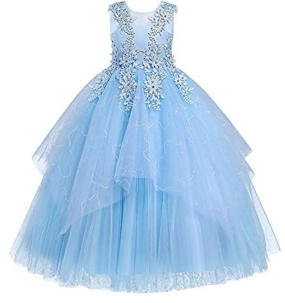 Pageant Dresses for Girls Sleeveless Floral Lace Princess Tulle Tutu Big Little Girls Junior Bridesmaid Dresses Wedding First Communion Pageant Birthday Christmas Party Maxi Prom Gown Blue 9-10 Years