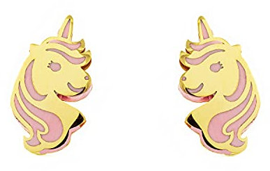 Mondepetit - Rosa Emaille Einhorn Kinder Mädchen Ohrringe Gelbgold 9K - Geschenkbox - Garantiezertifikat