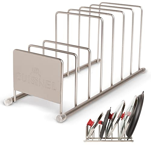 Cuisinel Lid and Dish Organizer Rack - Satin Nickel Silver Kitchen Storage Organization Stand - Plate Holder, Pan/Pot Covers, Cutting Board and Cookie Sheet Divider - 7-Tier Cabinet/Counter Display
