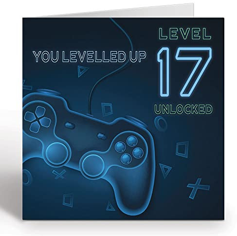 Giggle Greetings Geburtstagskarte für 17 Jahre altes Mädchen oder Jungen, Level 17 entsperrter Controller mit blauem Umschlag, umweltfreundliche Karte