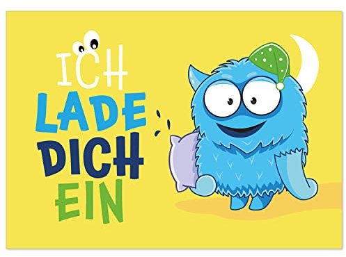 8 Einladungskarten Kindergeburtstag mit Umschlägen, Monster Übernachtung Schlafen, Karte Geburtstag Einladung zum Ausfüllen