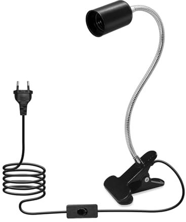 Portalámparas E27 con Pinza Flexo, Lámpara de Clip de metal con EU Enchufe y 220 CM Cable, Lampara Lectura Pinza Cuello de Cisne Ajustable de 350 mm para Cama, Escritorio (Negro)