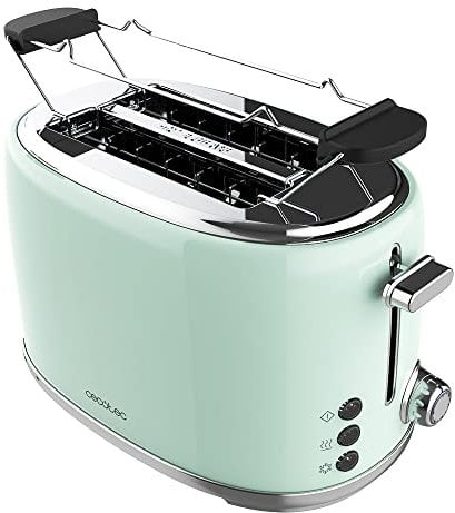 Cecotec Toaster 2 Scheiben Toast&Taste 1000 Retro Double Green, 980 W, 2 Breite und Kurze Schlitze von 3,8 cm, Edelstahl, Obere Roste, Regulierbare Leistung, Krümelschublade