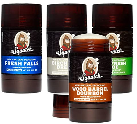 Dr. Squatch Deodorant für Männer - Birkenholzbrise, Kühle frische Aloe, Frische Wasserfälle, Holzfass Bourbon (78.4 ml, 4er-Pack)