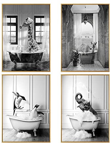 WADBTP Badezimmer Bilder,Schwarz Weiß Bilde,Lustige Tier in der Badewanne Leinwand Bilder für Wohnzimmer Badezimmer Schlafzimmer Dekor-Rahmenlos (4pcs-DW2,4pcs-20x30cm)