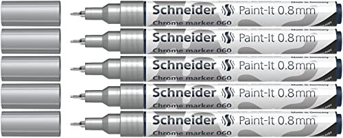 Schneider 060 Chrommarker 0,8 mm (hochpigmenierte Tinte mit Spielgeleffekt, für viele Untergründe geeignet) 5 Stück chrom