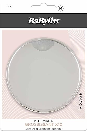 Babyliss - Miroir grossissant X10 - Miroir Petit Format - Lumière et Ventouse intégrées - Fixation Facile - Lot de 1