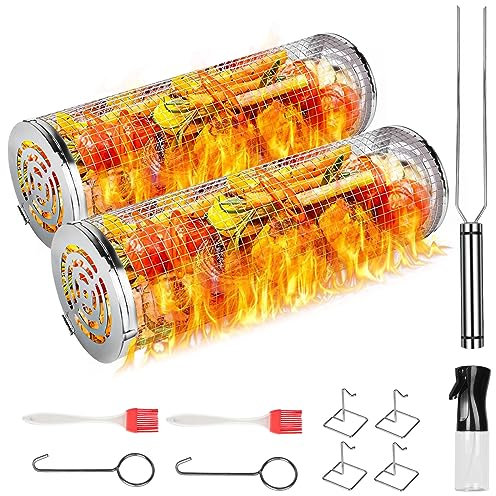 flintronic 2024*NEW 2PCS Rolling Grill Basket, Stainless Steel Wire Mesh Cylinder Grilling Rack, Portable Outdoor Camping BBQ Basket for Vegetables, Fish, Round Grill Cooking Accessories…
