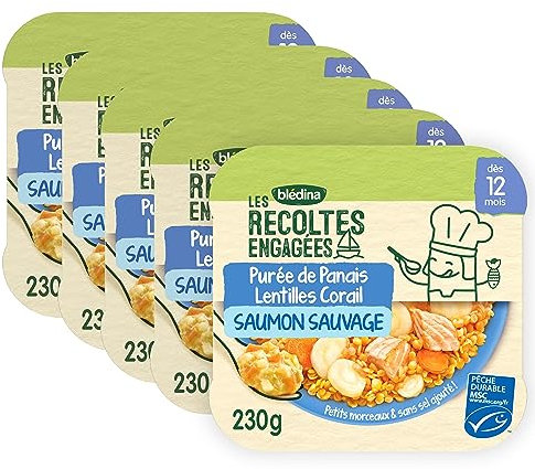 Blédina Les Récoltes Engagées - 5 assiettes de purée de Panais, Lentilles Corail et Saumon Sauvage - Repas pour bébés dès 8 mois - Lot de 5 assiettes de 230g