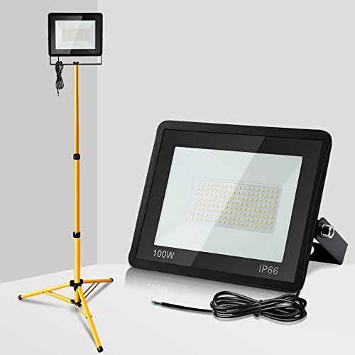 Yakimz LED Baustrahler mit Stativ, 100W IP66 Wasserdicht Fluter Strahler mit 1m Kabel, 6000K Kaltweiß 8500LM Baustellenlampe,Arbeitsscheinwerfer für Keller Schuppen Lager, kein Stecker