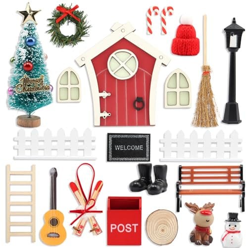 Wichteltür Set, Wichteltür Zubehör Weihnachten 26PCS Wichtel Zubehör Set, Nissedor Miniatur Weihnachtswichtel Tür Deko mit Weihnachtsbaum, Stiefel, Gitarren, Zaun,Rentier für Feentür Weihnachtsdeko