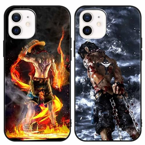 PBNDJVG 2 Stück Handyhülle für Apple iPhone 12/iPhone 12 pro Hülle 6.1 Zoll, Anime One Piece Ace mit Motiv Designs Manga Case Schutz Schutzhülle Stoßfest TPU Weich Ultra Dünn Cover -Schwarz1
