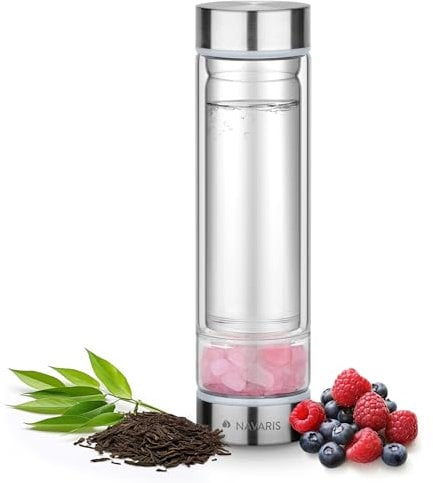 Navaris Gourde à Pierres Précieuses - Bouteille d'Eau en Verre Borosilicate 450ml avec Cristaux de Quartz Rose Filtre à Thé et Housse Néoprène
