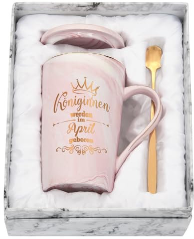 Joymaking Kaffeetasse Geburtstag Geschenk für Freund/Freundin, 400ml Geburtstag Geschenke Kaffeetasse mit Spruch - Königinnen werden im April geboren, Rosa