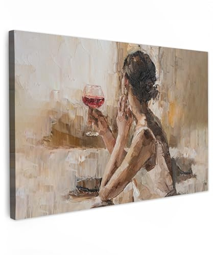 MuchoWow© Leinwand Klein Mini Deko Schlafzimmer Aesthetic Leinwandbilder | 30x20 cm - Wohnzimmer Gemälde Foto Geschenk Living Room Decoration Moderne Kunstdruck Wanddeko - Ölfarbe - Frau - Wein