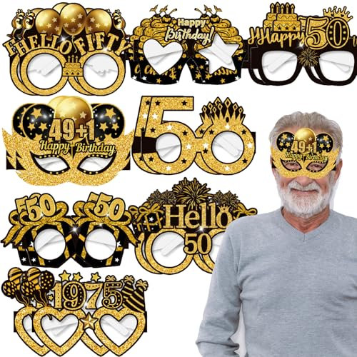 Qpout 16Pcs 1975 50th Birthday Paper Eyeglasses Decorations for Men Women,Funny Black Gold Happy Fifty Birthday Glasses Photo Props for 50 Years Old Birthday Party Favors Supplies