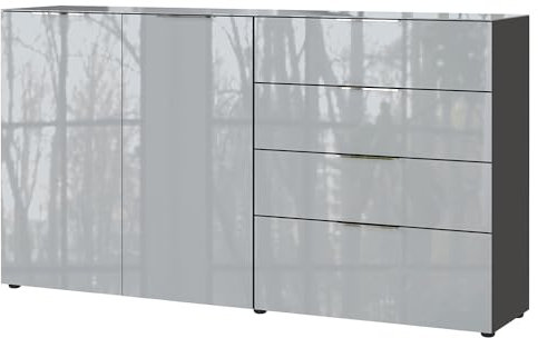 Lomadox Sideboard Anrichte Kommode Glasfront in Silbergrau mit Graphit, B/H/T ca. 184/102/42 cm