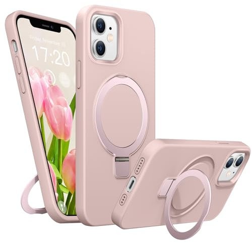 BENTIACC Liquid Silikon handyhülle für iPhone 12 hülle,iPhone 12 Pro hülle, für MagSafe mit Unsichtbarem Ständer 4 Schichten stoßfeste Kratzfeste Schutzhülle für iPhone 12/12 Pro (Rosa)