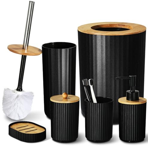 GMISUN Badezimmer Set 6-teiliges, Schwarz Seifenspender Set mit Mülleimer, Seifenspender Set und Zahnputzbecher Set, Seifenschale, Toilettenbürstenhalter, Farmhouse Boho Badezimmer Zubehör Set