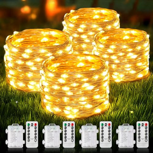 BUCASA 4 Stück Lichterkette Batterie, 10M 100 LED Weihnachtsdeko Lichterkette Außen mit Timer, 8 Modi Dimmbar Warmweiß, Wasserdicht Fairy Lights für Innen Außen DIY Weihnachtsbeleuchtung Deko (4)