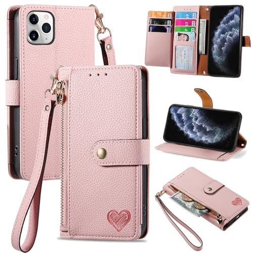VEEMOS Zipper Wallet Case for Apple iPhone 11 Pro Phone Case with Purse Card Holders RFID Blocking Leather Flip Case Book Cover Wrist Strap Women - Pink