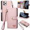 VEEMOS Zipper Wallet Case for Apple iPhone 11 Pro Phone Case with Purse Card Holders RFID Blocking Leather Flip Case Book Cover Wrist Strap Women - Pink