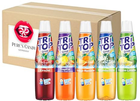 Pere's Candy Bundle für TRi TOP Getränkesirup Tropical - Kirsche - Zitrone und Limette - Waldmeister - Orange und Mandarine (5 x 600ml) + Pere's Candy Notepad DIN A7-25 Blatt