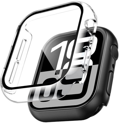 TAURI 2 Pezzi Cover PC Compatibile con Apple Watch Series 11/10 46mm, 9H in Vetro Temperato,[Tocco Sensibile][HD Clear] Sottile Rigida Custodia per iWatch 46mm - Trasparente+Nero