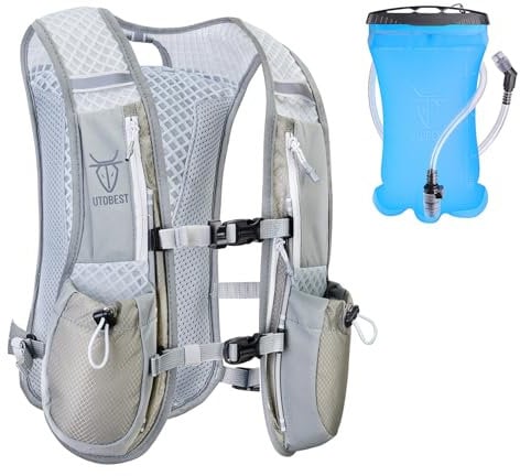 UTOBEST Trinkrucksack 5L, Laufweste, Herren Damen Ultraleicht Laufrucksack für Laufen, Marathon, Jogging, Radfahren (mit 1.5L Trinkblase, Grau
