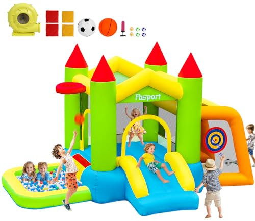 FBSPORT Castillo Hinchable para Niños con Tobogán, Trampolín, Piscina de Bolas, Campo de Fútbol, Lanzamiento de Saco de Arena, Campo de Tiro, para Jardín Interior Exterior, 314×208×175cm