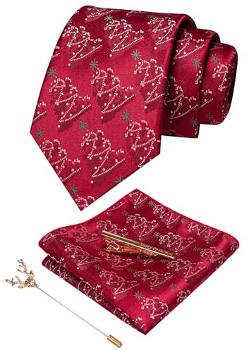JEMYGINS Herren Weihnachts Krawatte Muster Woven Party Krawatte & Einstecktuch Set Rot Weihnachtsbaum