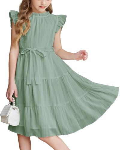 Arshiner Abito Bambina Estivo Elegante in Chiffon Tinta Unita, Linea A con Maniche e Collo Volant, Festivo con Cintura 5-13 Anni