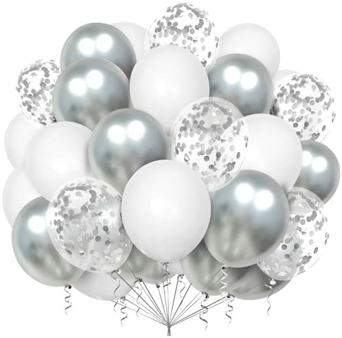 Luftballons Weiß Silber Set,100 Stück 12 Zoll Silber Konfetti Luftballons,Weiß Deko Luftballons für Geburtstag Hochzeit Babyparty Valentinstag Silvester Party Deko