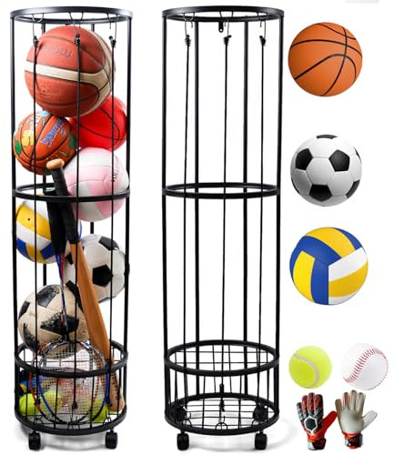 FiloxeniaOasis Ball Storage Rack, 3 Layer Vertical Basketball Rack, Sports Equipment Organizer, Ball Rack with Basket, Garage Ball Storage, Wall-Mounted Ball Organizer for Indoor/Outdoor/Home/Garage