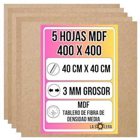 LA SOLERA Pack 5 Hojas Tablero MDF 3 mm de grosor | 400 x 400 mm | Láminas para corte láser y pirograbado | Hojas resistentes para manualidades y modelado | Fibra de densidad media | Corte limpio