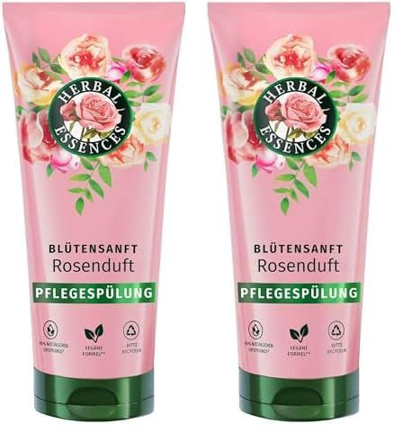 Herbal Essences Blütensanft Pflegespülung mit Rosenduft 250ml. Von stumpfem Haar zu seidig glänzendem Haare, Mit Rosenessenz, Inhaltsstoffe natürlichen Ursprungs, Vegan (Packung mit 2)