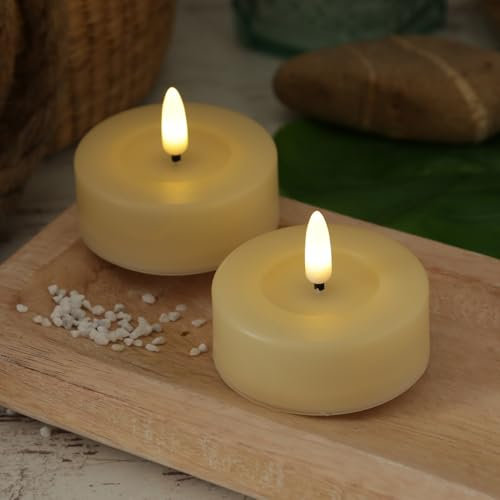 MARELIDA LED Maxi Teelichter für Innen/Außen Kunststoffteelicther XL Teelicher-Set outdoor für Balkon Terrasse Outdoorkerze mit flackernder Flamme und Timer Tischkerze Dekokerze creme (2 Teelichter)