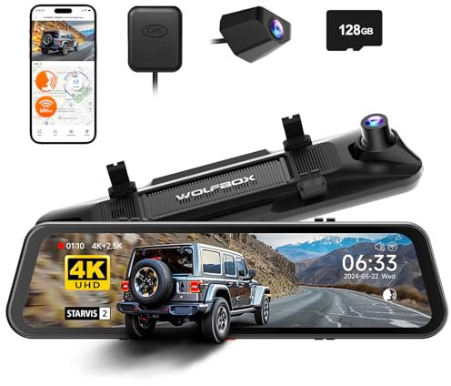 WOLFBOX G900 PRO Spiegel Dashcam mit STARVIS 2 IMX678, 12 Zoll Rückspiegelkamera mit Vorne 4K und Hinten 2.5K, inklusive 128GB Karte, Sprachsteuerung, 5.8GHz WiFi, Loop-Aufnahme, G-Sensor & GPS